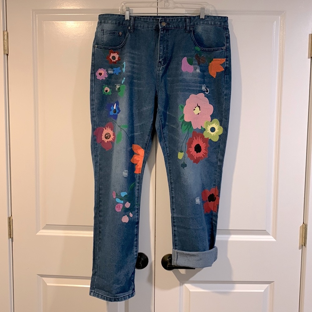 Hand-Painted, Distressed Boyfriend Jeans!! Unique & One Of A Kind!!
